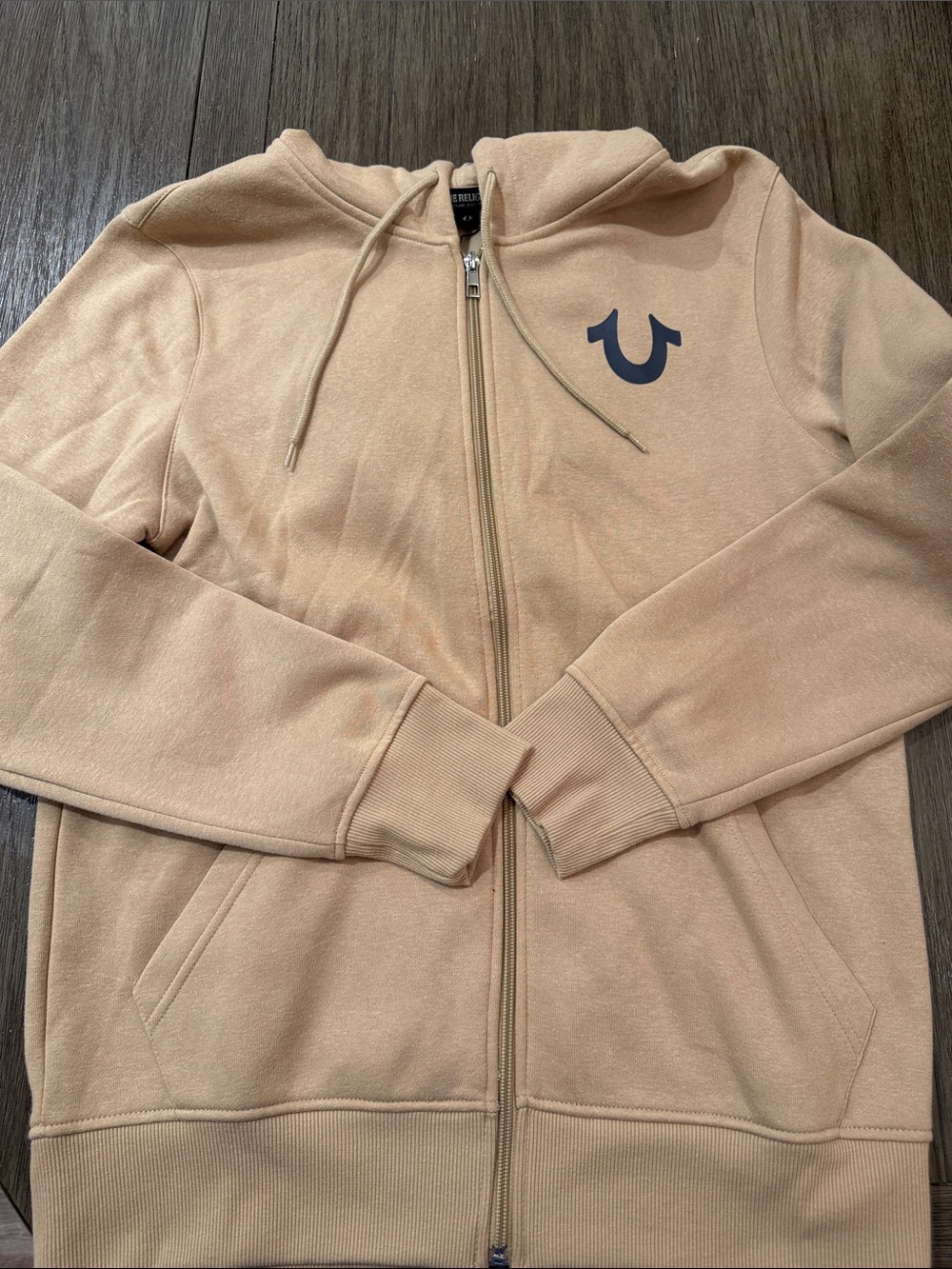 True Religion Men’s Beige Zip-Up Hoodie with Navy Logo
